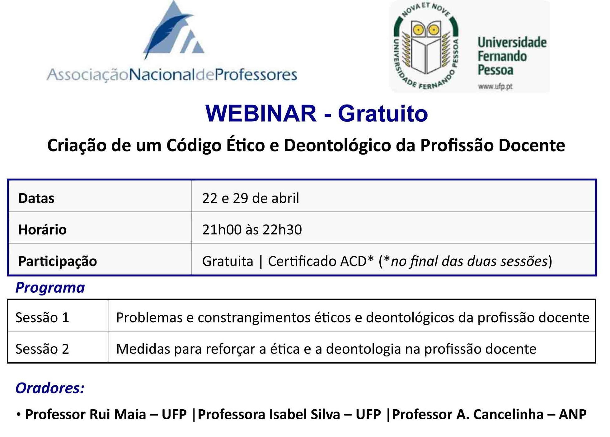 Cartaz webinar Código Ético 22 e 29 abril